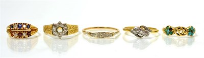 Lot 217 - A diamond three stone ring, illusion set with scroll shoulders, finger size R1/2, a double...