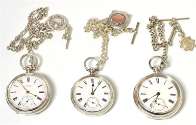 Lot 238 - Three silver open faced pocket watches, signed E Hind, Ulverston, J Kinstly, Tonypandy, and one...