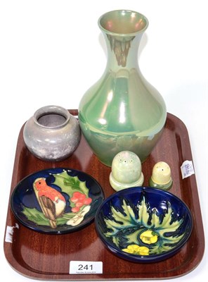 Lot 241 - A group of Moorcroft pottery comprising a green lustre vase, 21cm; a small lustre vase, 6.5cm;...