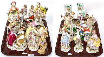 Lot 252 - Two trays of Continental porcelain figures, figural spill vases and figural dishes including...