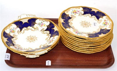 Lot 274 - A Coalport gilt highlighted and floral painted part desert service; comprising of nine plates...