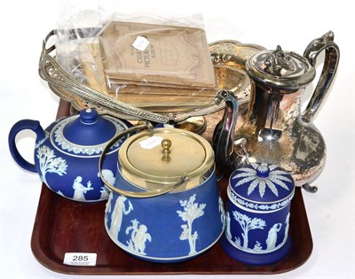 Lot 285 - A Wedgwood Jasperware biscuit barrel, teapot and lidded pot; together with silver plated wares...