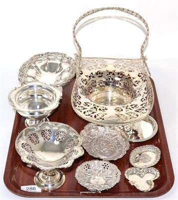 Lot 286 - Five various silver dishes, a silver pedestal bon bon dish, a glass bottomed silver coaster, a...