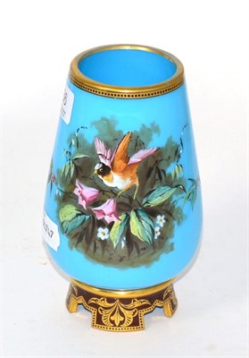 Lot 336 - A Victorian blue glass vase decorated with birds and foliage