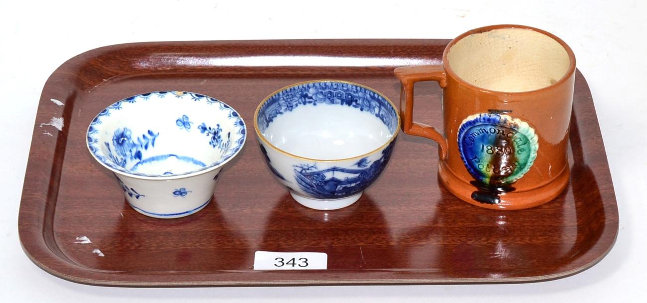Lot 343 - A Commondale Pottery Sunday School Centenary small mug; a pearlware blue and white small bowl;...