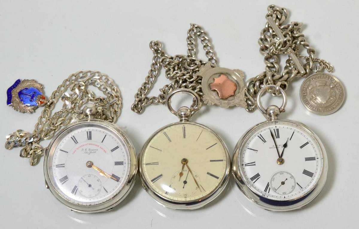 Lot 358 - Three silver open faced pocket watches, signed J.G.Graves, Sheffield, Waltham, Mass and the...