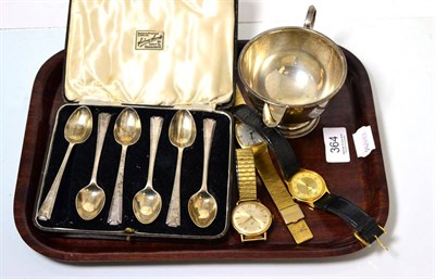 Lot 364 - A Tissot gents wristwatch; two other gents wristwatches; silver milk jug; and a set of six...
