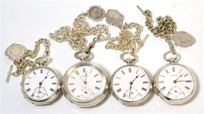 Lot 366 - Four silver open faced pocket watches, three signed Waltham and one unsigned, three cases with...