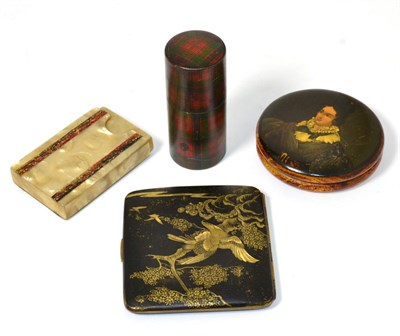 Lot 379 - A tartan ware needle case marked ";Robertson";; a Japanese cigarette case; snuff box and a...