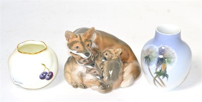 Lot 385 - A Royal Worcester fruit painted vase, signed Moybury; Royal Copenhagen arctic foxes; and a...