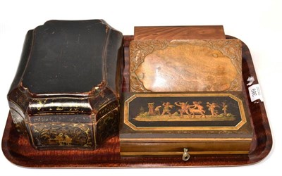 Lot 389 - A chinoiserie lacquered box; a marquetry walnut box; and two further table boxes (4)