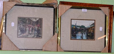 Lot 1007 - * Ratcliff (20th century) Figures watching a brass band and procession, indistinctly signed, oil on