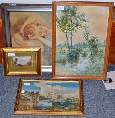 Lot 1015 - British School (early 20th century) Reclining beauty, pastel, together with a woolwork picture,...