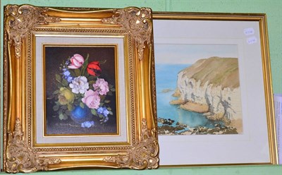 Lot 1030 - Alfred Gill (1897-1981) watercolour of a coastal landscape and a modern oil of flowers