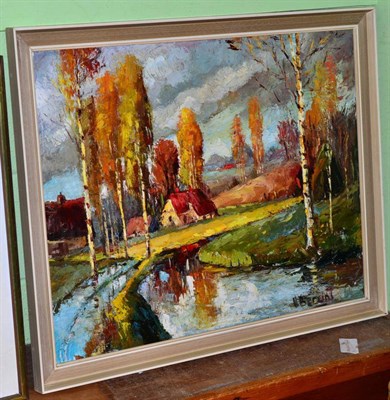 Lot 1033 - Valter Berzins (1925-2009) Rural scene with cottage and birch trees, signed, oil on board