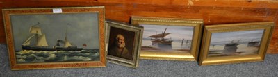 Lot 1041 - 20th century school, shipping scene, oil on panel; together with two further coastal oils and a...