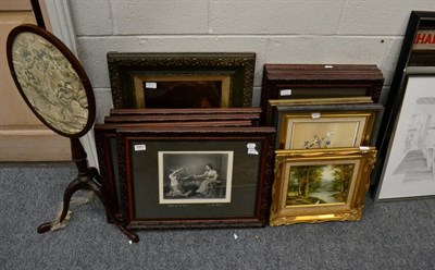 Lot 1063 - A 19th century silk work mahogany framed pole screen, raised on acanthus leaf carved slender...