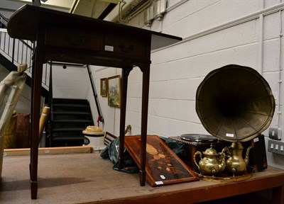 Lot 1075 - An oak cased gramophone; a collection of records; a reproduction table; two modern marquetry...