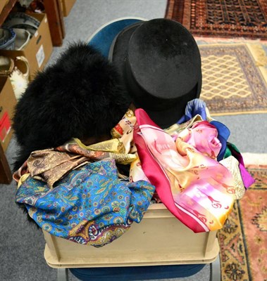 Lot 1080 - A quantity of textiles including silk scarves, ostrich feather stole, 1930's/40's crocodile...