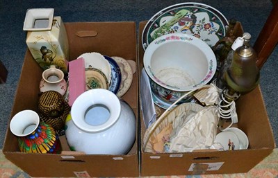 Lot 1105 - Two boxes of assorted glass and ceramics including a studio pottery owl mug and jug retailed by...