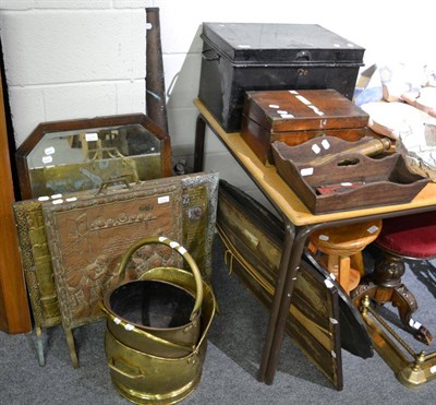 Lot 1123 - A telescope, fire screens, two coal scuttles, tin trunk, writing slope, mirrors, cutlery tray etc