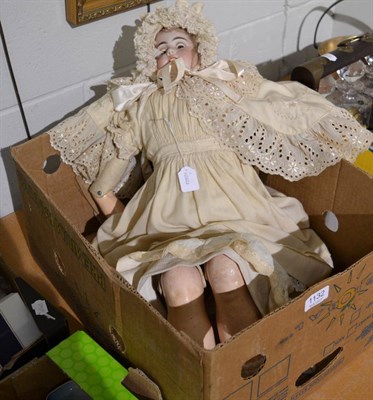 Lot 1132 - Large German bisque socket head shoulder doll, with blond wig, sleeping blue eyes, kid leather...