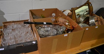 Lot 1136 - Five boxes of various household glass and china including tumblers, wines, vases, etc, together...