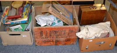 Lot 1144 - Three boxes of games and toys, together with a woolwork picture and a mirror