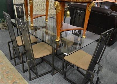 Lot 1163 - A set of six Rennie Mackintosh style wrought iron dining chairs, of recent date, of square...