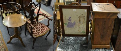 Lot 1184 - An armchair, a tripod table, a fire screen and a carved wheatsheaf bin