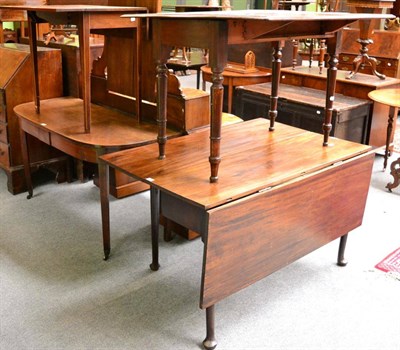 Lot 1255 - A mahogany D shaped side table on square tapering supports, a mahogany drop leaf table and two...