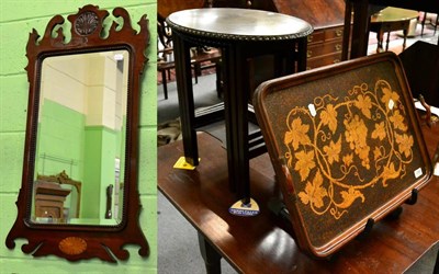 Lot 1266 - A twin handled poker work tray, a mahogany fretwork mirror and a nest of three tables