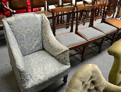 Lot 1313 - Three 19th century mahogany dining chairs and a mahogany framed upholstered armchair (4)