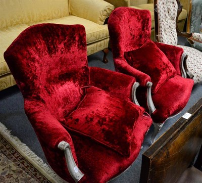 Lot 1318 - A pair of French painted armchairs, modern red velveteen upholstery, with cushions (2)