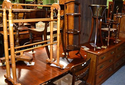 Lot 1358 - A child's rush seated ladder back chair; jardiniere; towel rail; and two cake stands (5)