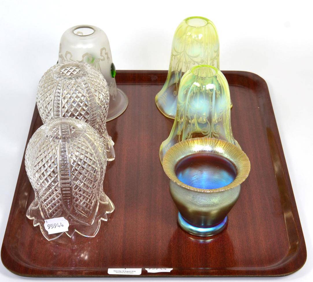 Lot 1 - A pair of vaseline glass shades; three other; and an iridescent glass vase