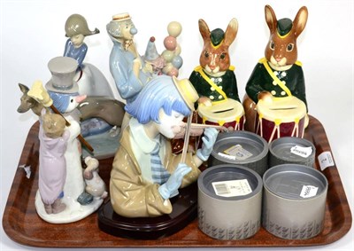 Lot 2 - Four Lladro porcelain figures; another similar example; two Royal Doulton Bunnykins; and four...