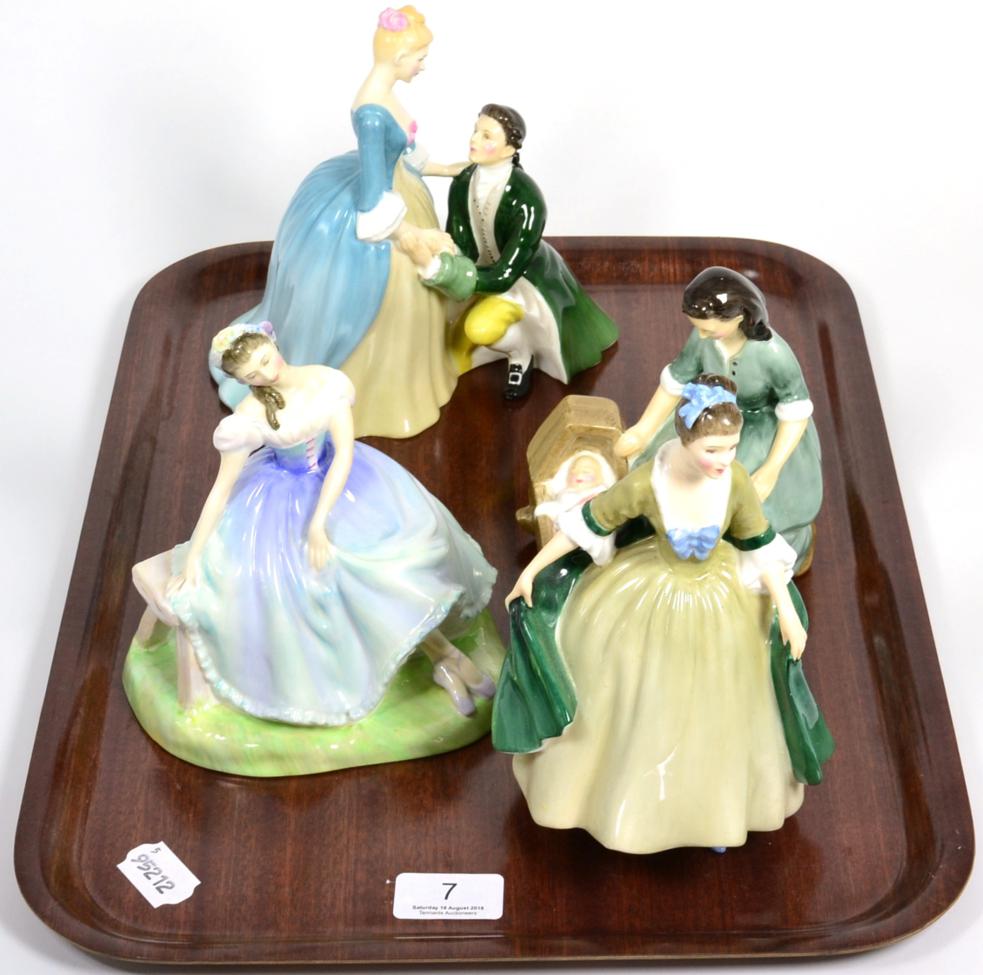 Lot 7 - Four Royal Doulton figures, Giselle HN2139; Cradle Song HN2246; Elegance HN2264 and The Suitor...