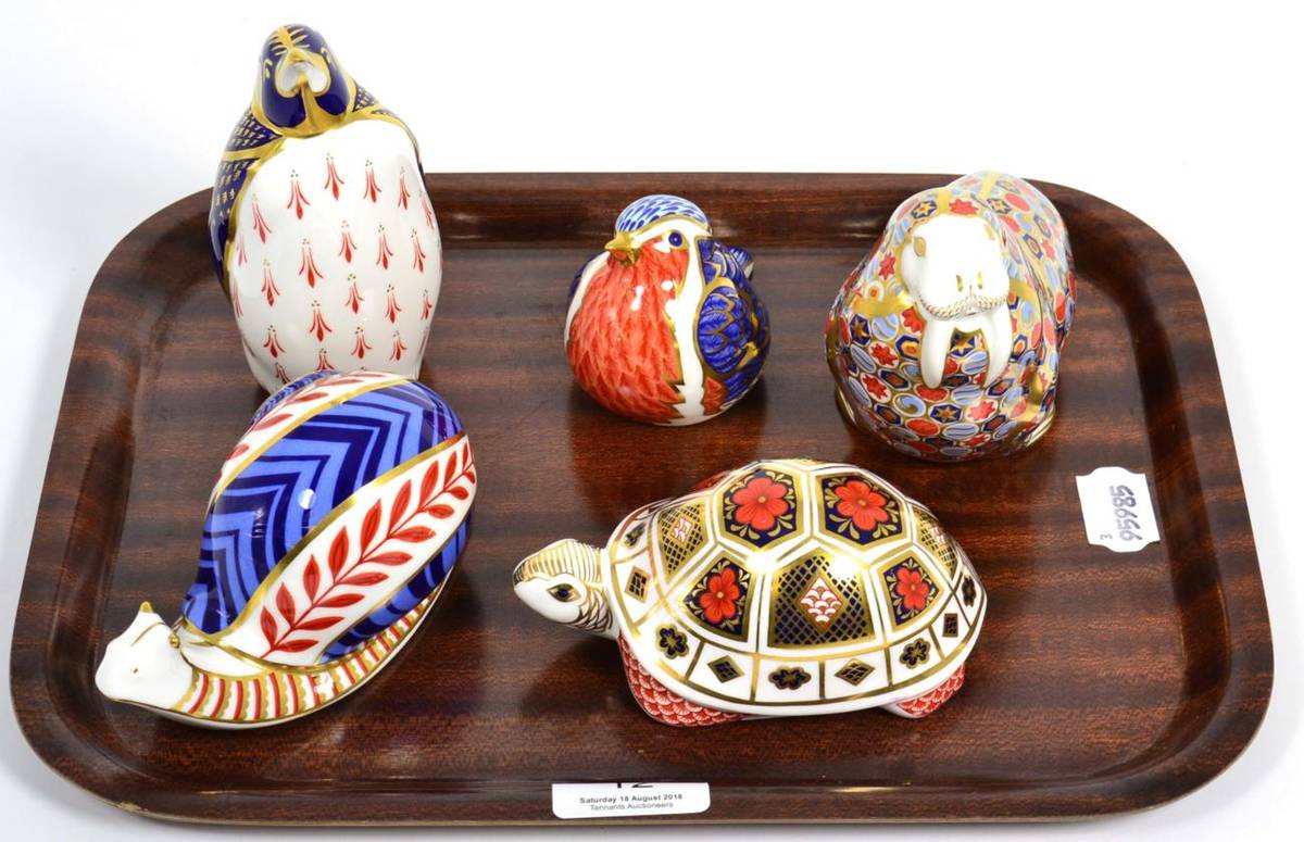 Lot 12 - Five Royal Crown Derby animal paperweights ";Snake";, ";Turtle";, ";Sea Lion";, ";Robin"; and...