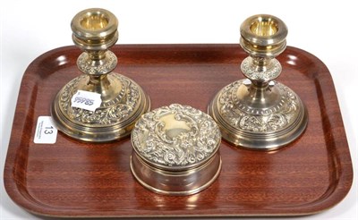 Lot 13 - A pair of dwarf silver candlesticks and a silver box