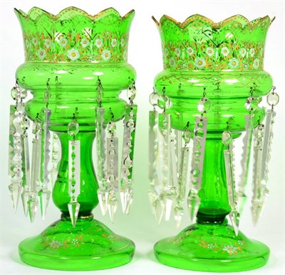 Lot 27 - A pair of Victorian green glass table lustres, handpainted flowers (2)