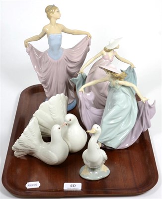 Lot 40 - Five Lladro china figures comprising three of classical ladies, one of a dove group and one goose