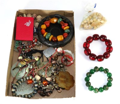 Lot 55 - A quantity of Chinese costume jewellery including wooden bead necklaces, jade etc