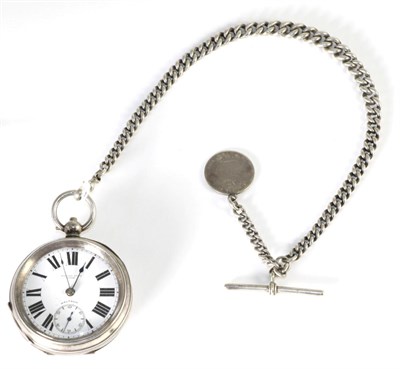 Lot 56 - A silver open faced pocket watch and a silver watch chain