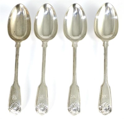 Lot 59 - A set of four Victorian silver fiddle thread and shell pattern table spoons, Francis Higgins,...