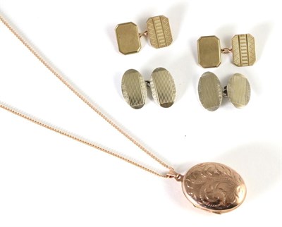 Lot 66 - A 9 carat rose gold locket on chain; a pair of 9 carat gold cufflinks; and a pair of silver and...