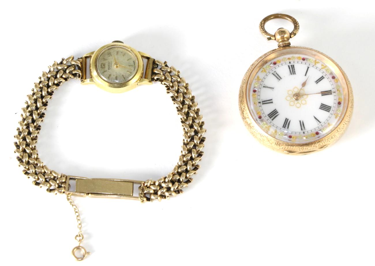Lot 68 - A lady's fob watch, case stamped 14K; a lady's wristwatch stamped '18K, 0.750 with attached 9 carat