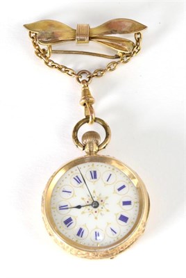 Lot 69 - A lady's fob watch, case stamped 14K and with an attached 9 carat gold bow brooch