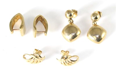 Lot 74 - Three pairs of 9 carat gold earrings, comprising a pair of hoop earrings, a pair of drop...