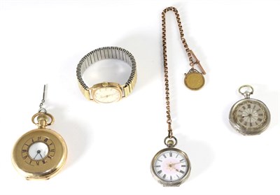 Lot 79 - A 9 carat gold wristwatch signed Rotary, half gold sovereign dated 1910, two lady's fob...
